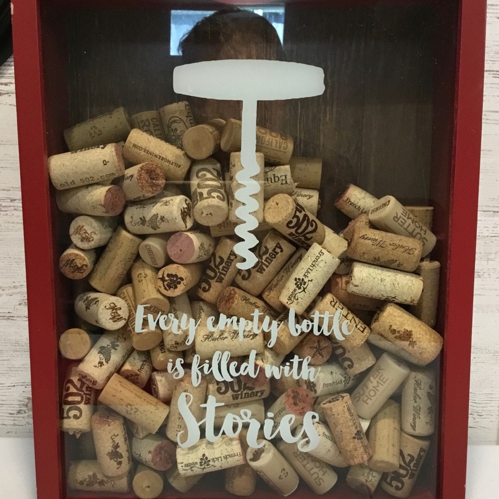 Wooden Cork Holder Shadow Box Glass Front Wine Collectibles, comes with Corks